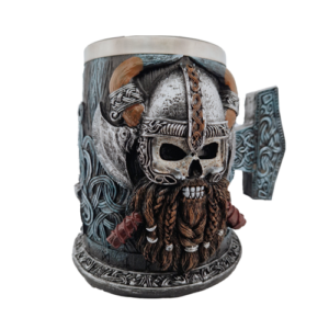 A picture of Brownbeard's Tankard, a mug of a viking warlord.