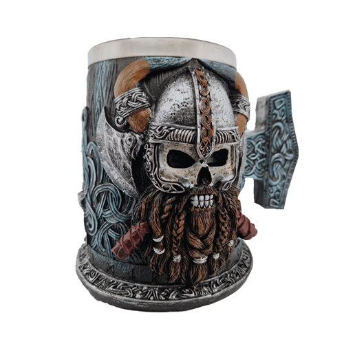 A picture of Brownbeard's Tankard, a mug of a viking warlord.