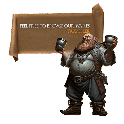 Image of our Dwarven Innkeep, holding a sign with 'Feel free to browse our wares, traveller'