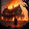 A burned down tavern, with our Bard in front. He found the Tavern's Tankard in the charred down remains