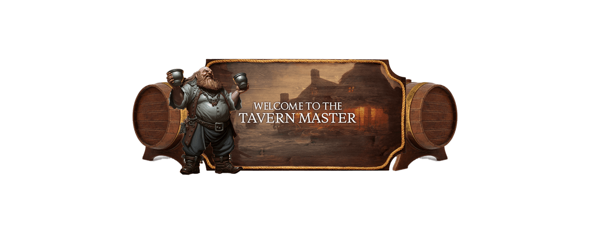 An image for our tavern master shop-page, with our tavern master before a sign that says 'welcome'