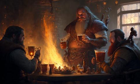 Our Dwarven inkeep in a tavern with a hot mug in his hand